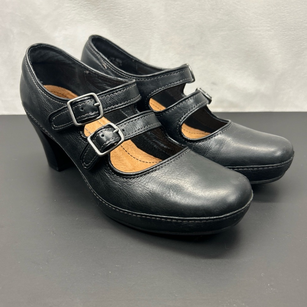 Clarks Artisan Mary Jane Leather Black Block Heel Womens 7.5 M